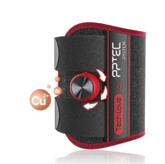 Black and red adjustable back wrap with Velcro, silver circular dial at center, copper Cu2+ icons, TechLove branding on strap.