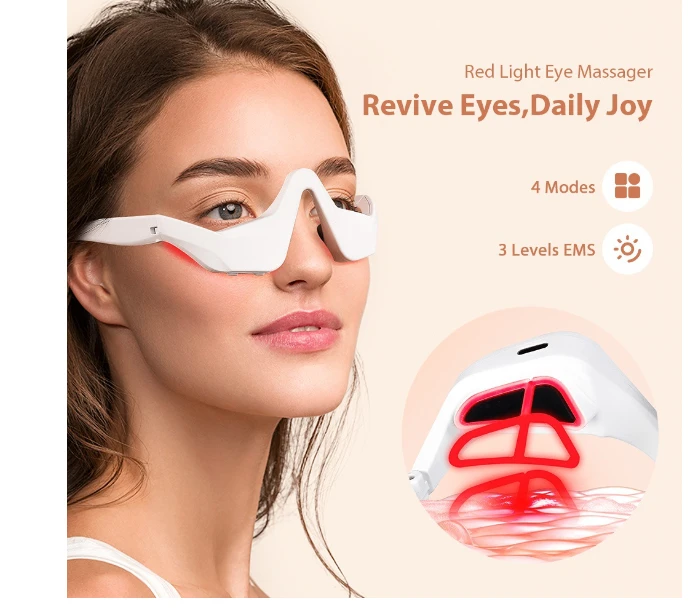 Revitalize Eye Care System with EMS and red light therapy; white eye massager worn by a woman, Epic Trends and Gifts.