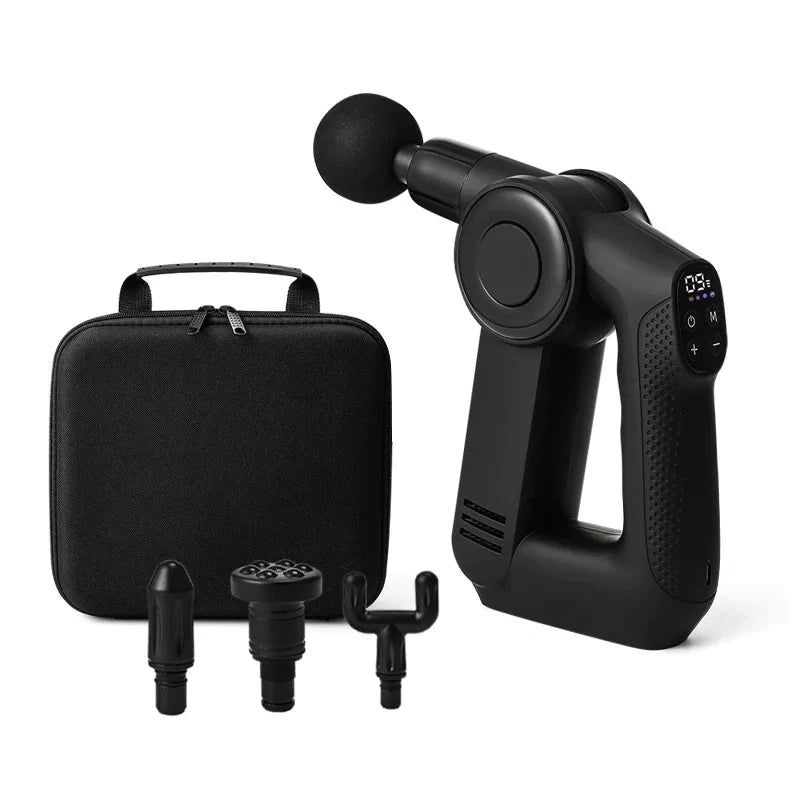 Black folding massage gun with LED screen, ergonomic handle, four interchangeable heads, and a zippered carrying case.