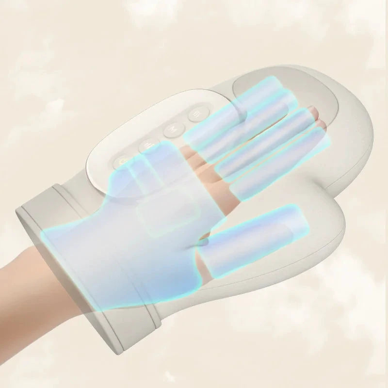 White wireless hand and wrist massager with blue glow along finger sleeves and a top control panel.