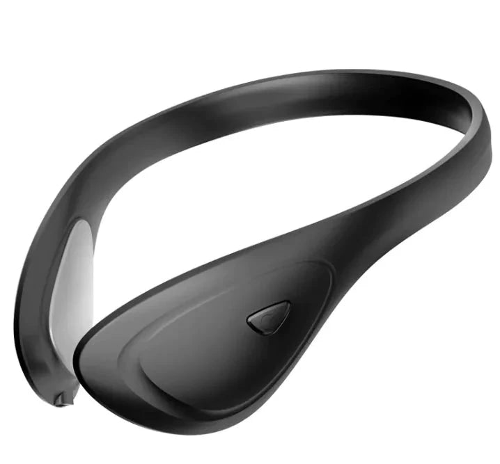 Black curved neckband EMS facial lifting device with a white inner electrode pad and a triangular side button.