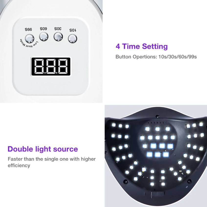 Nail lamp 220W LED UV dryer for gel polish curing, white rectangular unit with digital timer and 4 time settings