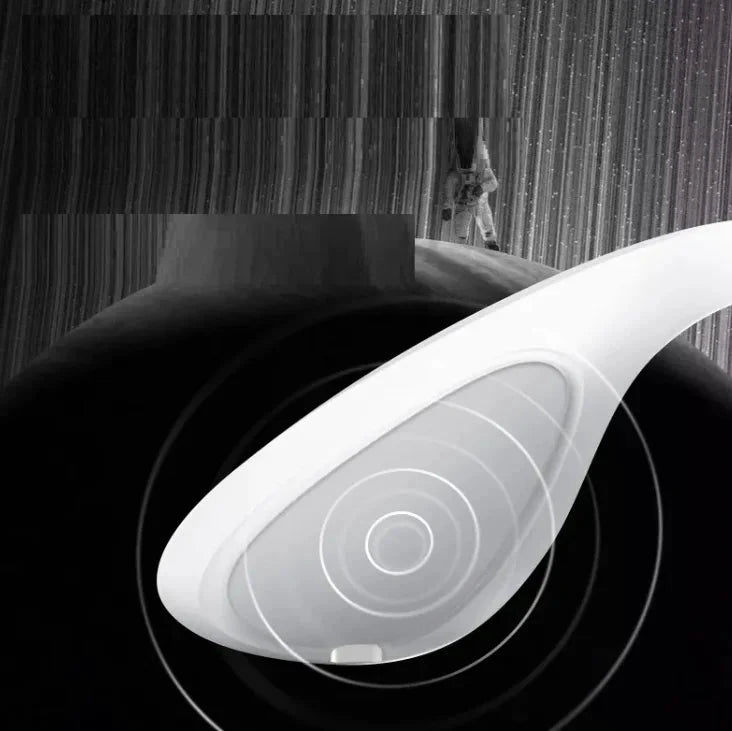 White ergonomic EMS facial lifting device with circular sensor pad and concentric rings against a dark background.