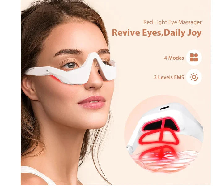 Woman wearing a white curved eye massager with red LEDs; peach backdrop with inset showing red light panels.